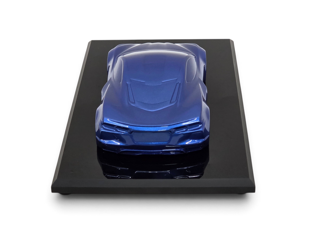 Send it Auto Parts 2022 Corvette C8 Stingray speedshape model in Elkhart Lake Blue on a black display base