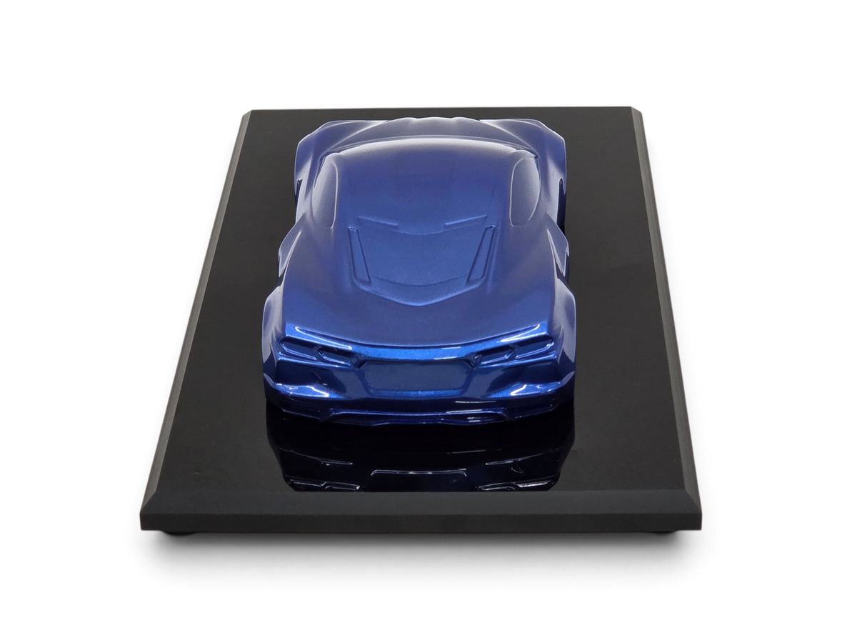 Send it Auto Parts 2022 Corvette C8 Stingray speedshape model in Elkhart Lake Blue on a black display base