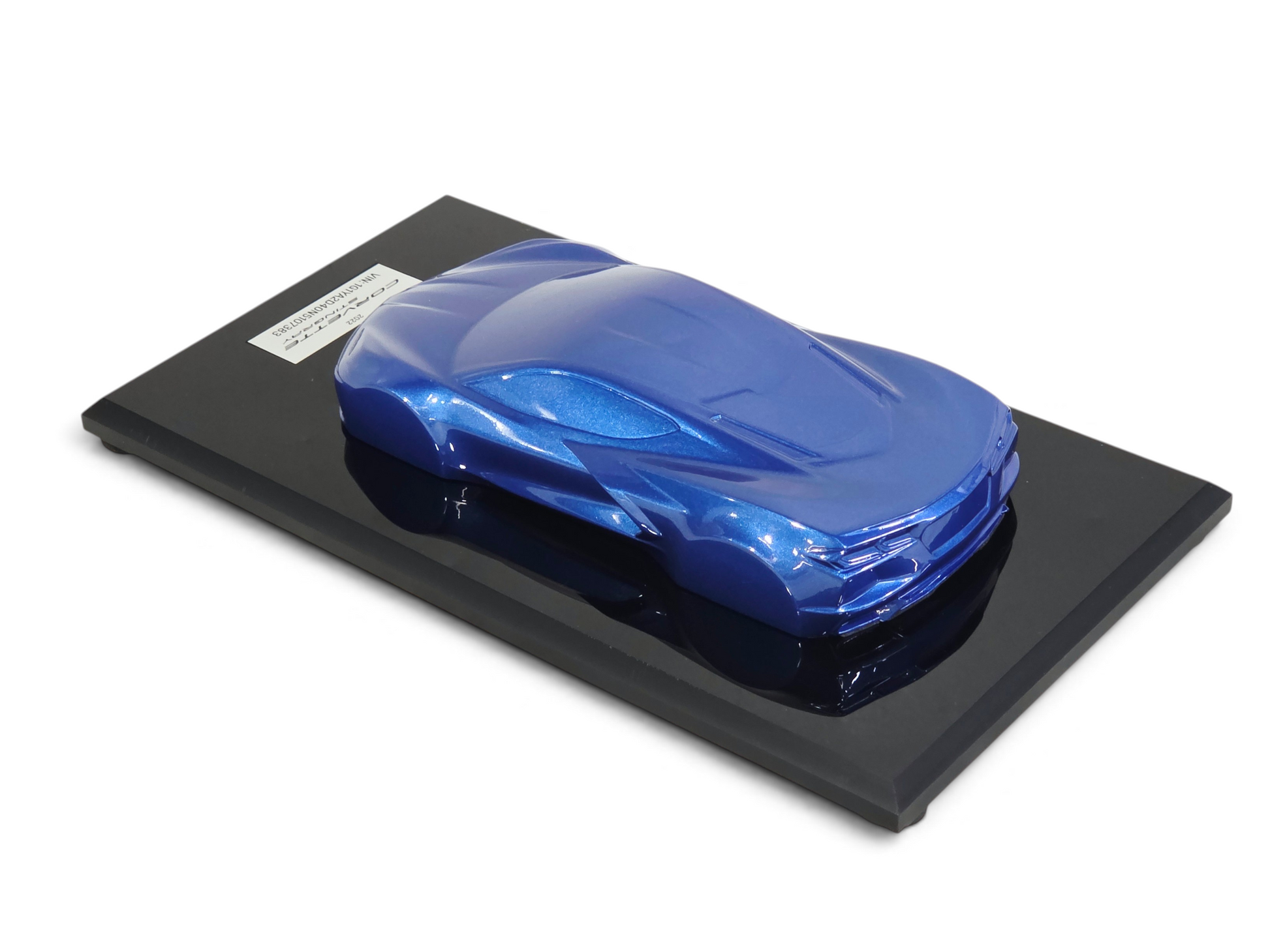 Send it Auto Parts 2022 Corvette C8 Elkhart Lake Blue speedshape model on a black display base