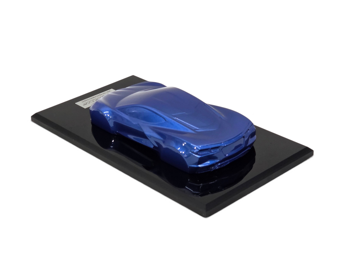 Send it Auto Parts 2022 Corvette C8 Stingray speedshape model in Elkhart Lake Blue on a black display base
