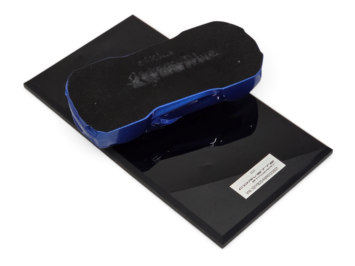 Send it Auto Parts 2022 Corvette C8 Stingray 1:18 scale speedshape model in Elkhart Lake Blue on a black display base
