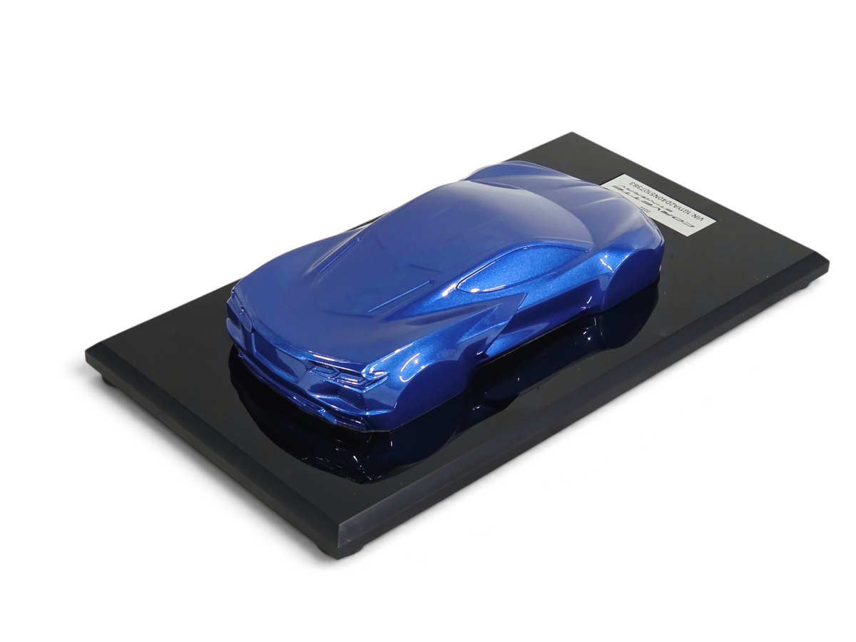 Send it Auto Parts 2022 Corvette C8 Elkhart Lake Blue 1:18 scale speedshape model on a black display base