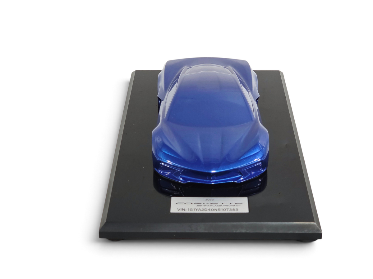 Send it Auto Parts 2022 Corvette C8 speedshape model in Elkhart Lake Blue on a black display base