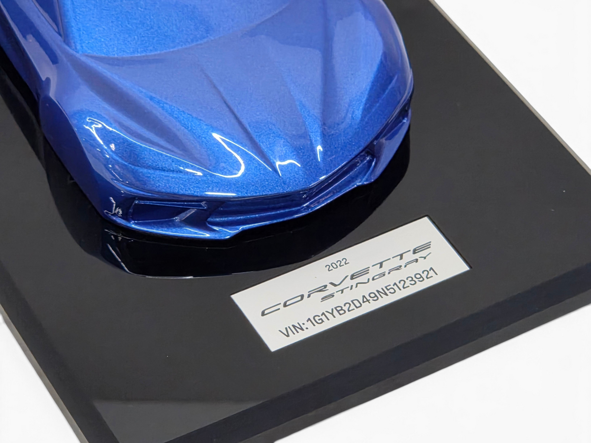 Send it Auto Parts 2022 Corvette C8 Stingray speedshape model in Elkhart Lake Blue on a black display base