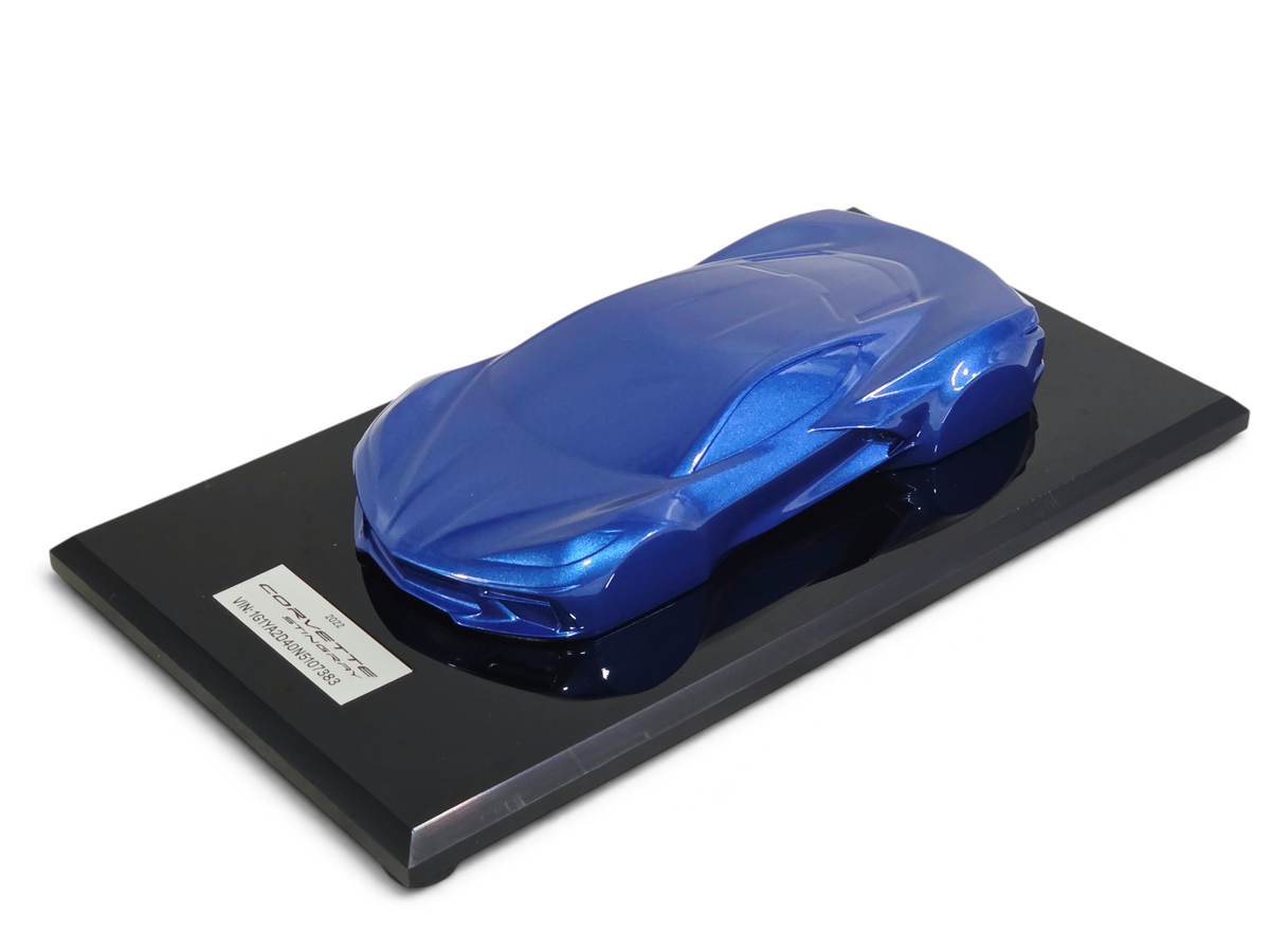 Send it Auto Parts 2022 Corvette C8 Elkhart Lake Blue speedshape model on a black display base