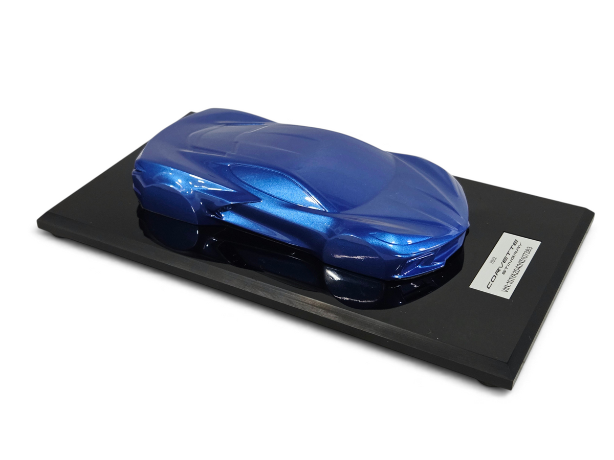 Send it Auto Parts 2022 Corvette C8 Elkhart Lake Blue speedshape model on a black display base