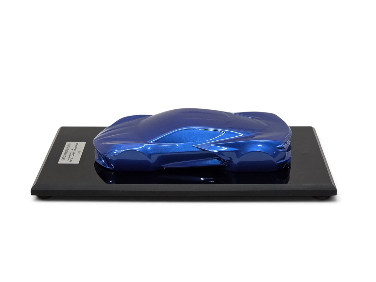 Send it Auto Parts 1:18 scale 2022 Corvette C8 Stingray speedshape model in Elkhart Lake Blue on a display base