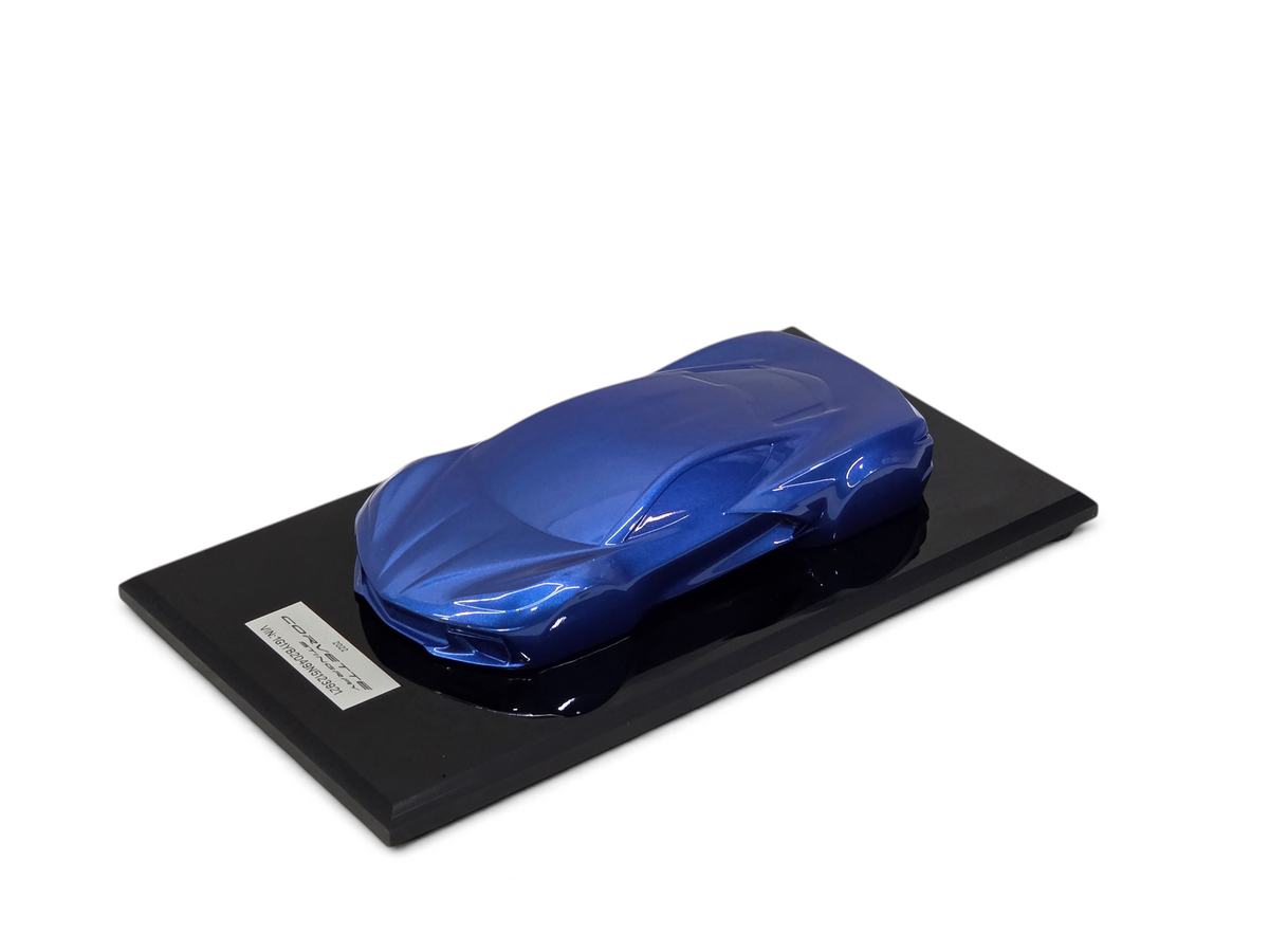 Send it Auto Parts 2022 Corvette C8 Stingray speedshape model in Elkhart Lake Blue on a black display base