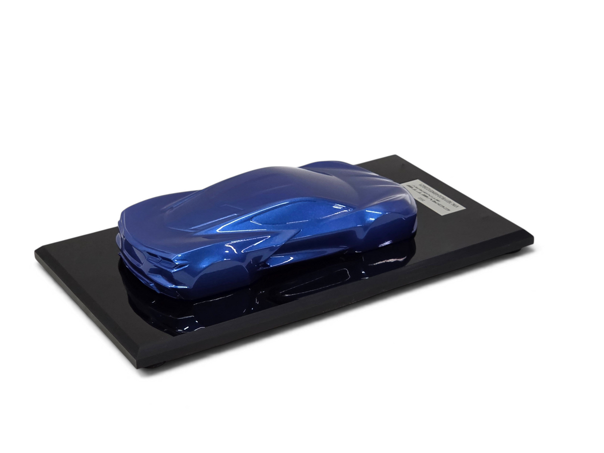 Send it Auto Parts 1:18 scale 2022 Corvette C8 Stingray speedshape model in Elkhart Lake Blue on a black display base