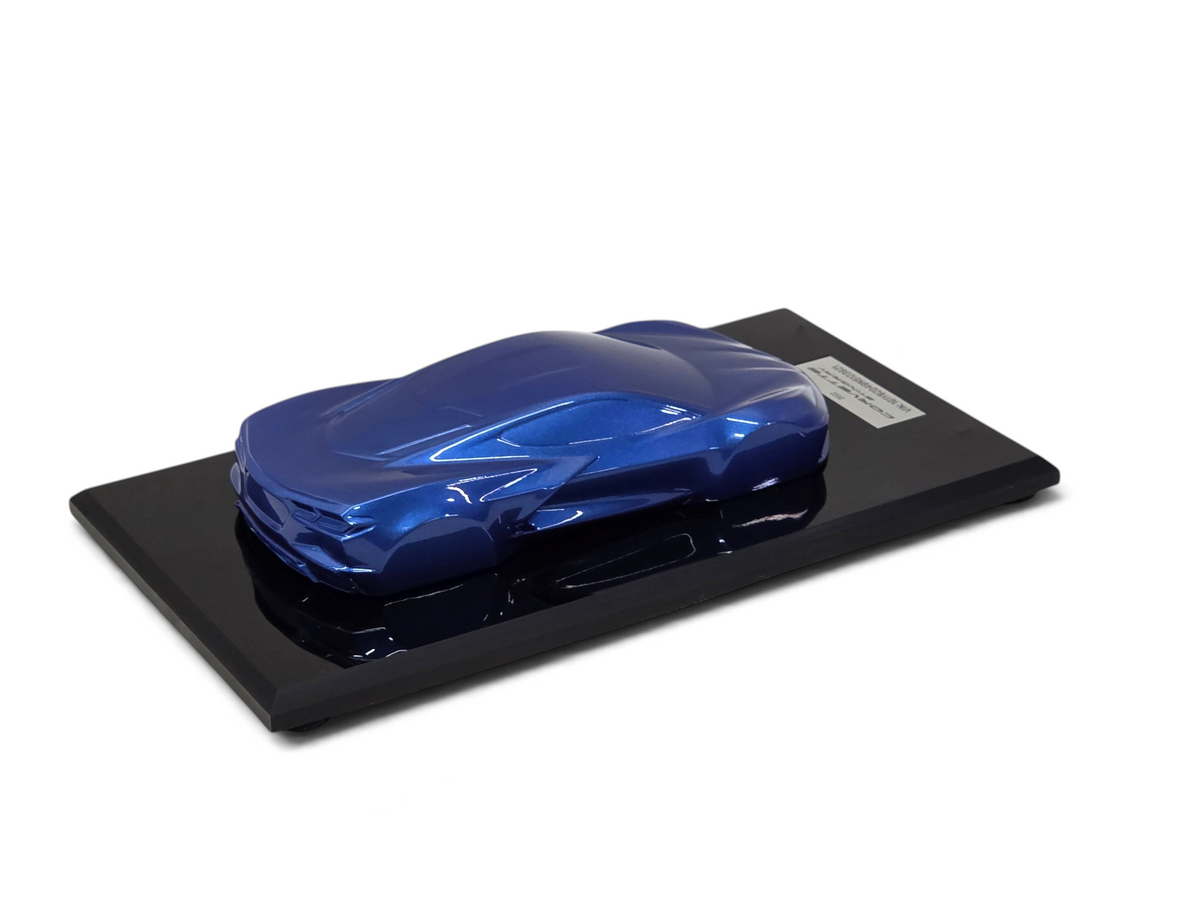 Send it Auto Parts 1:18 scale 2022 Corvette C8 Stingray speedshape model in Elkhart Lake Blue on a black display base