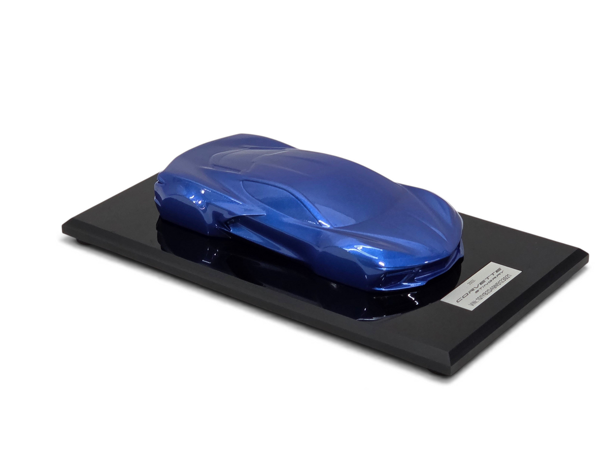 Send it Auto Parts 2022 Corvette C8 Stingray speedshape model in Elkhart Lake Blue on a black display base