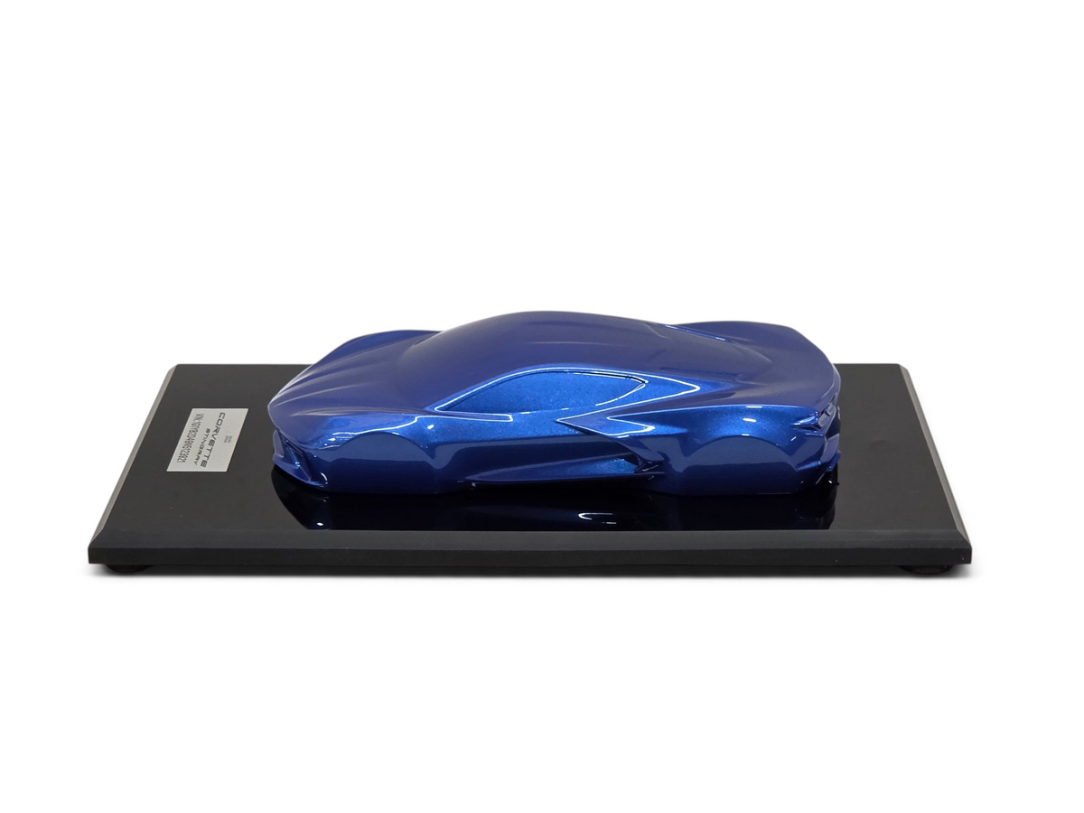 Send it Auto Parts 1:18 scale 2022 Corvette C8 Stingray speedshape model in Elkhart Lake Blue on a display base