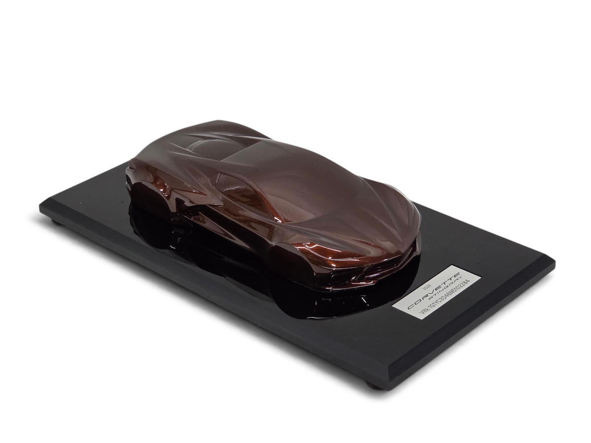 Send it Auto Parts 2022 Corvette C8 Stingray speedshape model in Caffeine brown on a black display base