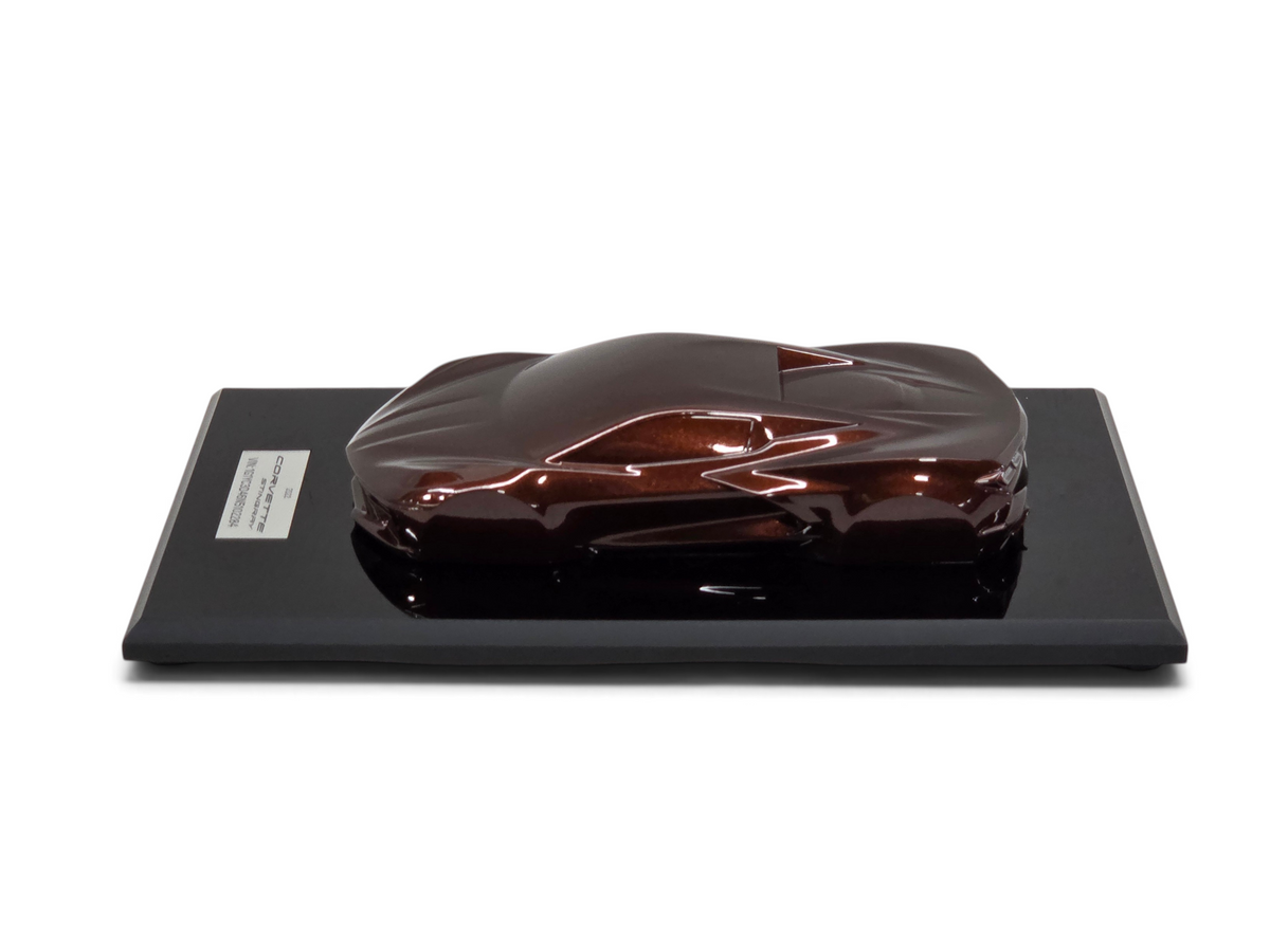Send it Auto Parts 2022 Corvette C8 Stingray speedshape model in Caffeine brown on a black display base