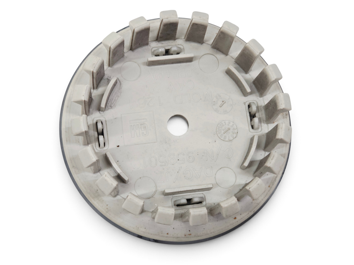 Send it Auto Parts OEM GM Corvette C8 wheel center cap back view showing plastic clips and part number 9595010