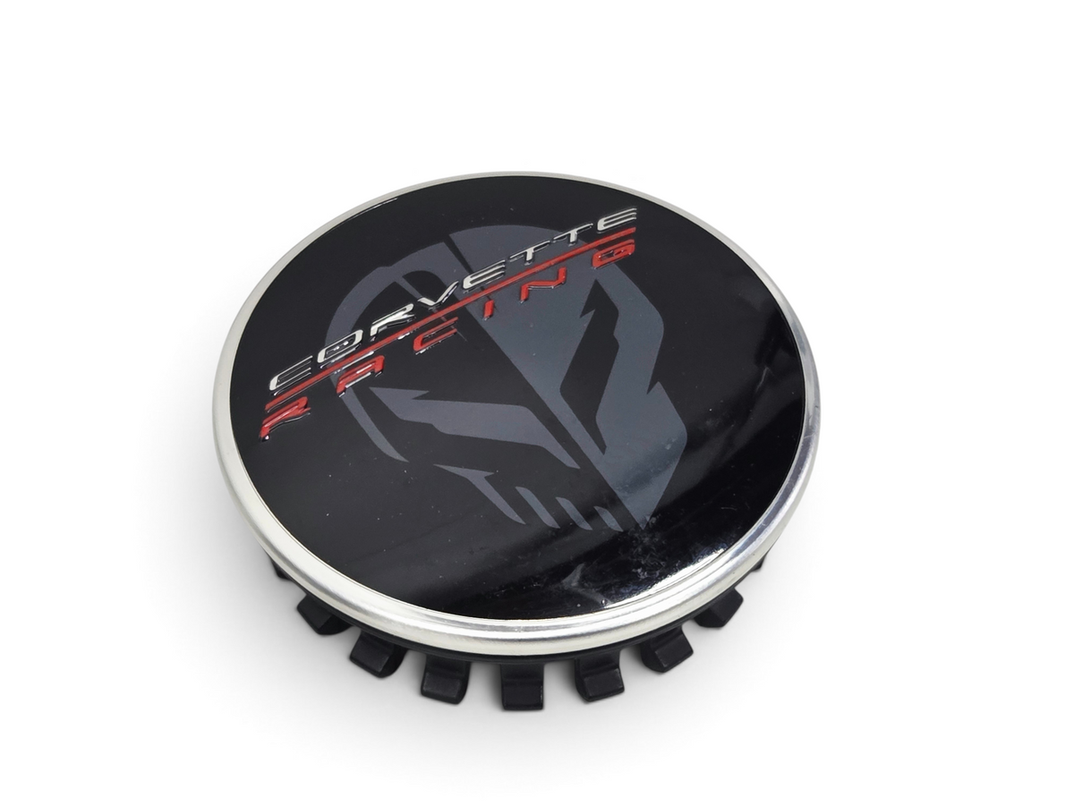 Send it Auto Parts OEM Corvette C8 wheel center cap featuring the black and red Jake Corvette Racing logo