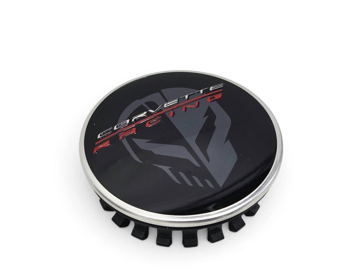 Send it Auto Parts OEM black Corvette C8 wheel center cap with Jake Racing logo and silver trim