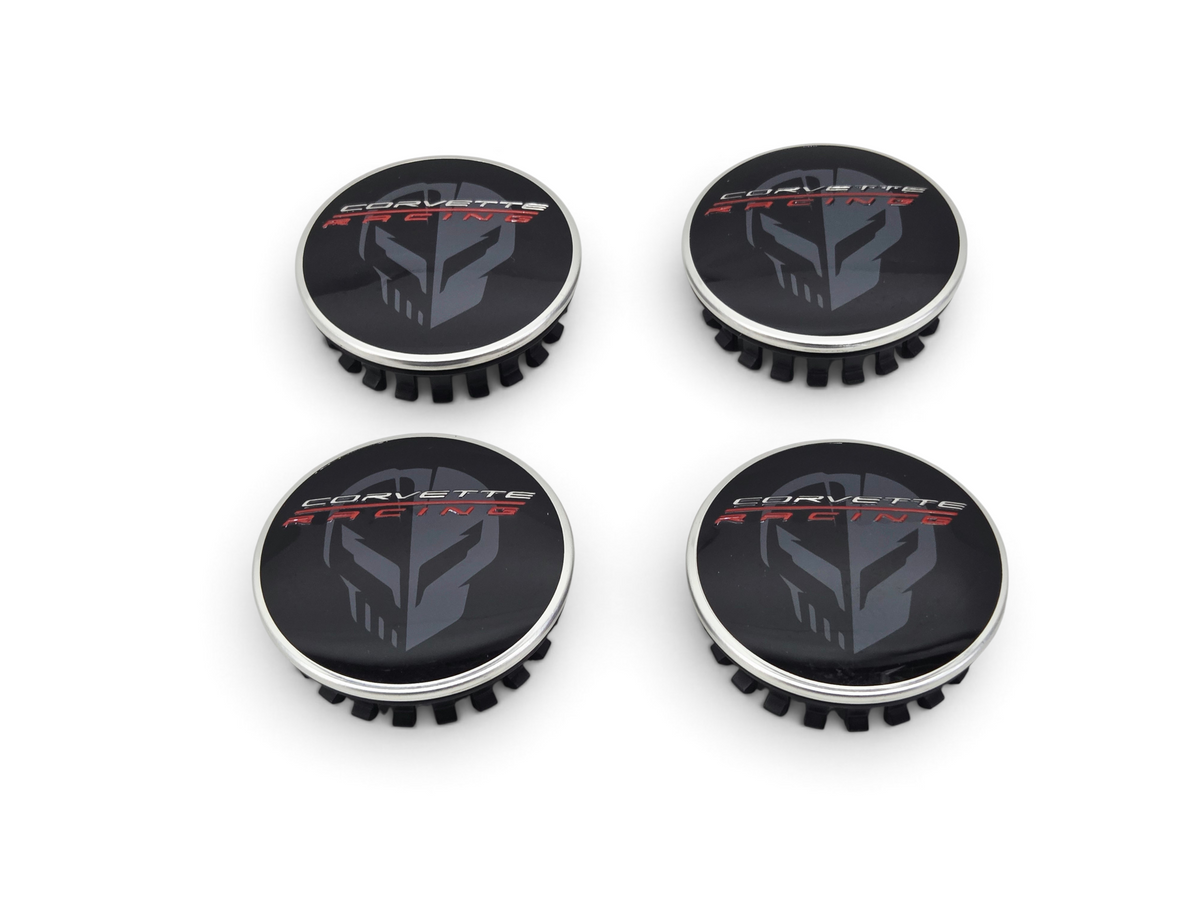 Send it Auto Parts set of four OEM Corvette C8 Racing Jake logo wheel center caps in black with silver trim