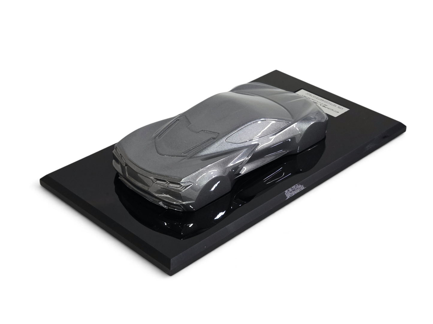 Send it Auto Parts 1:18 scale 2023 Corvette C8 speedshape model in Hypersonic Gray on a black display base