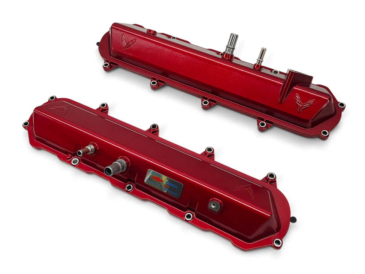Send it Auto Parts OEM red valve covers for 2020-2026 Chevy Corvette C8 6.2L LT2 engine with Corvette emblem detail.