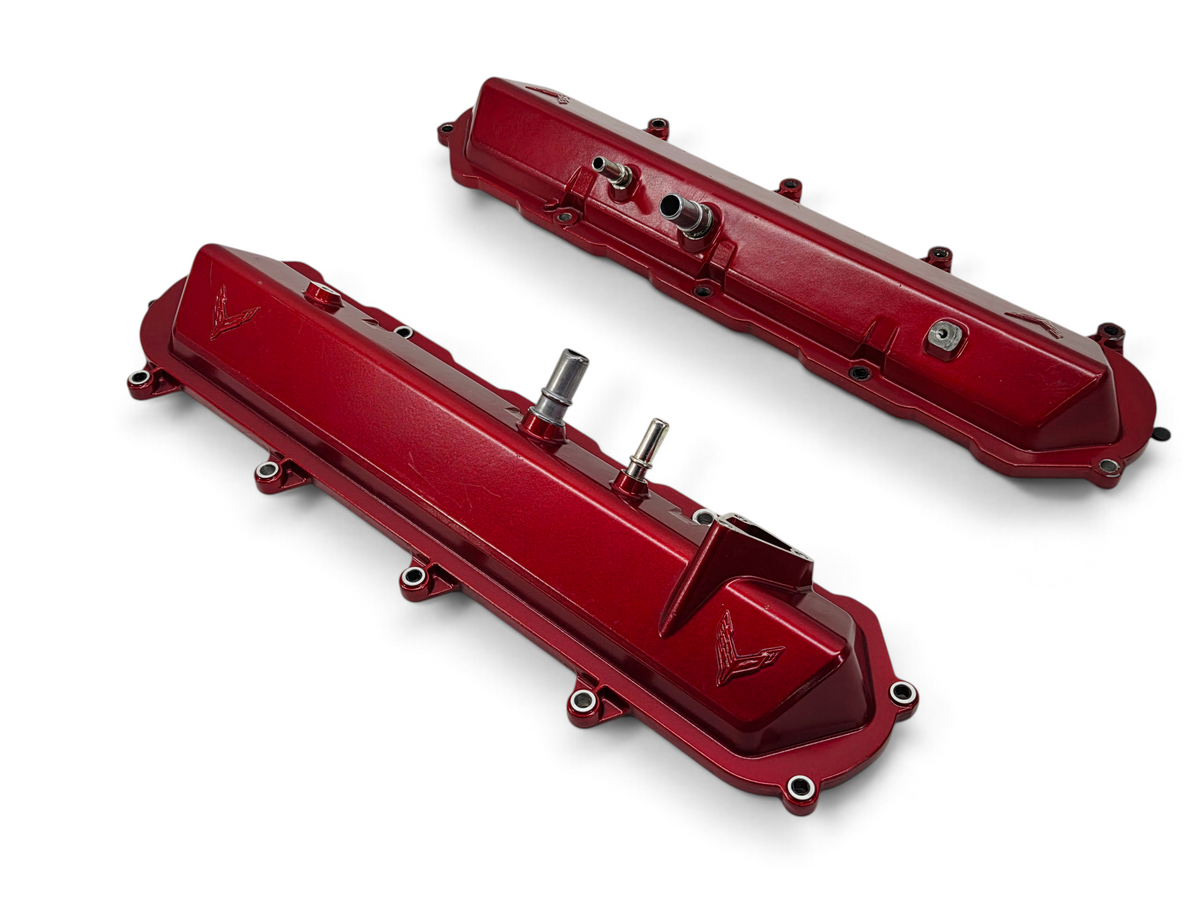 Send it Auto Parts OEM red valve covers for 2020-2026 Chevy Corvette C8 6.2L LT2 engine with embossed logos