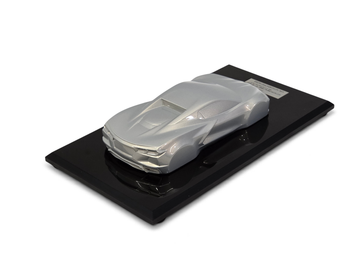 Send it Auto Parts 2023 Corvette C8 Stingray silver flare speedshape model on a black display base
