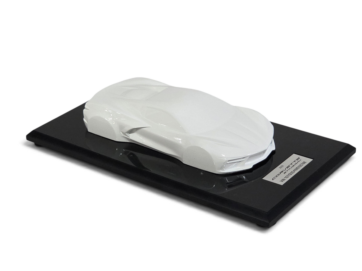 Send it Auto Parts 2022 Corvette C8 Stingray Arctic White 1:18 scale speedshape model on a black display base