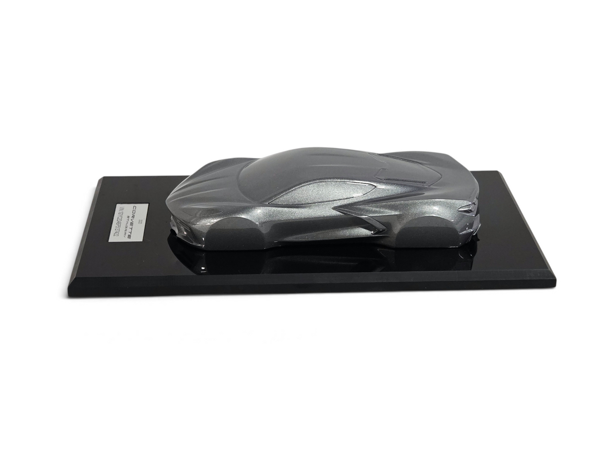Send it Auto Parts 2023 Corvette C8 Hypersonic Gray 1:18 scale speedshape model on a black display base