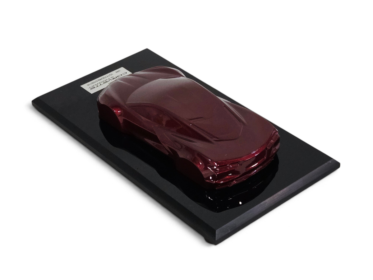 Send it Auto Parts 2020 Corvette C8 Stingray speedshape model in Long Beach Red on a black display base