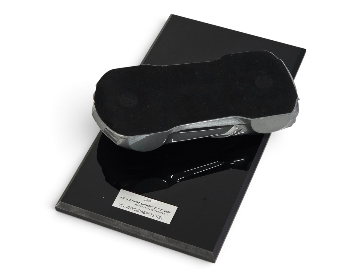Send it Auto Parts 1:18 scale 2023 Corvette C8 speedshape model in Hypersonic Gray on a black display base