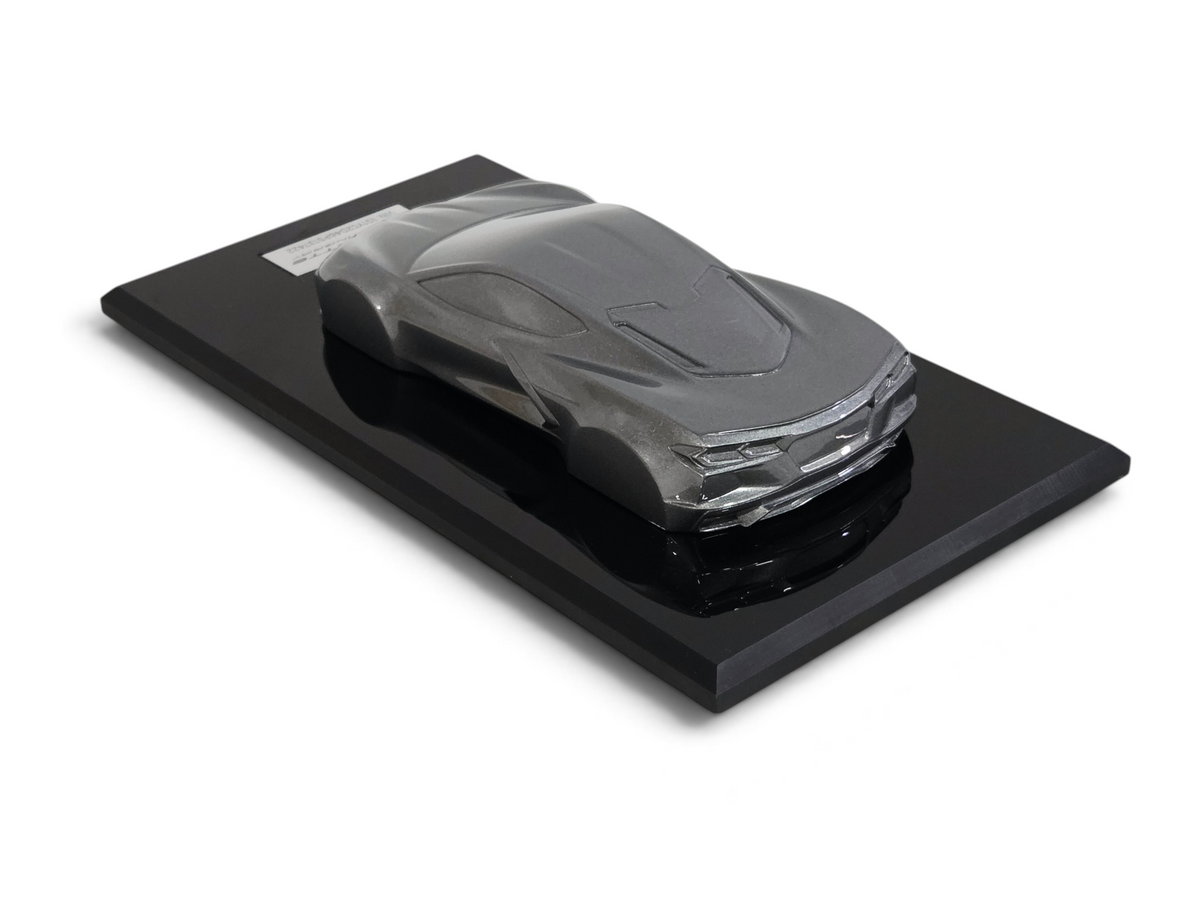 Send it Auto Parts 2023 Corvette C8 hypersonic gray 1:18 scale speedshape model on a black display base