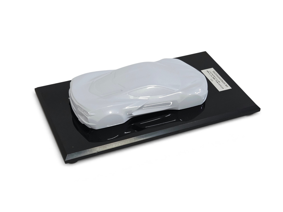 Send it Auto Parts 2023 Corvette C8 1:18 scale speedshape model in ceramic matrix gray on a black display base