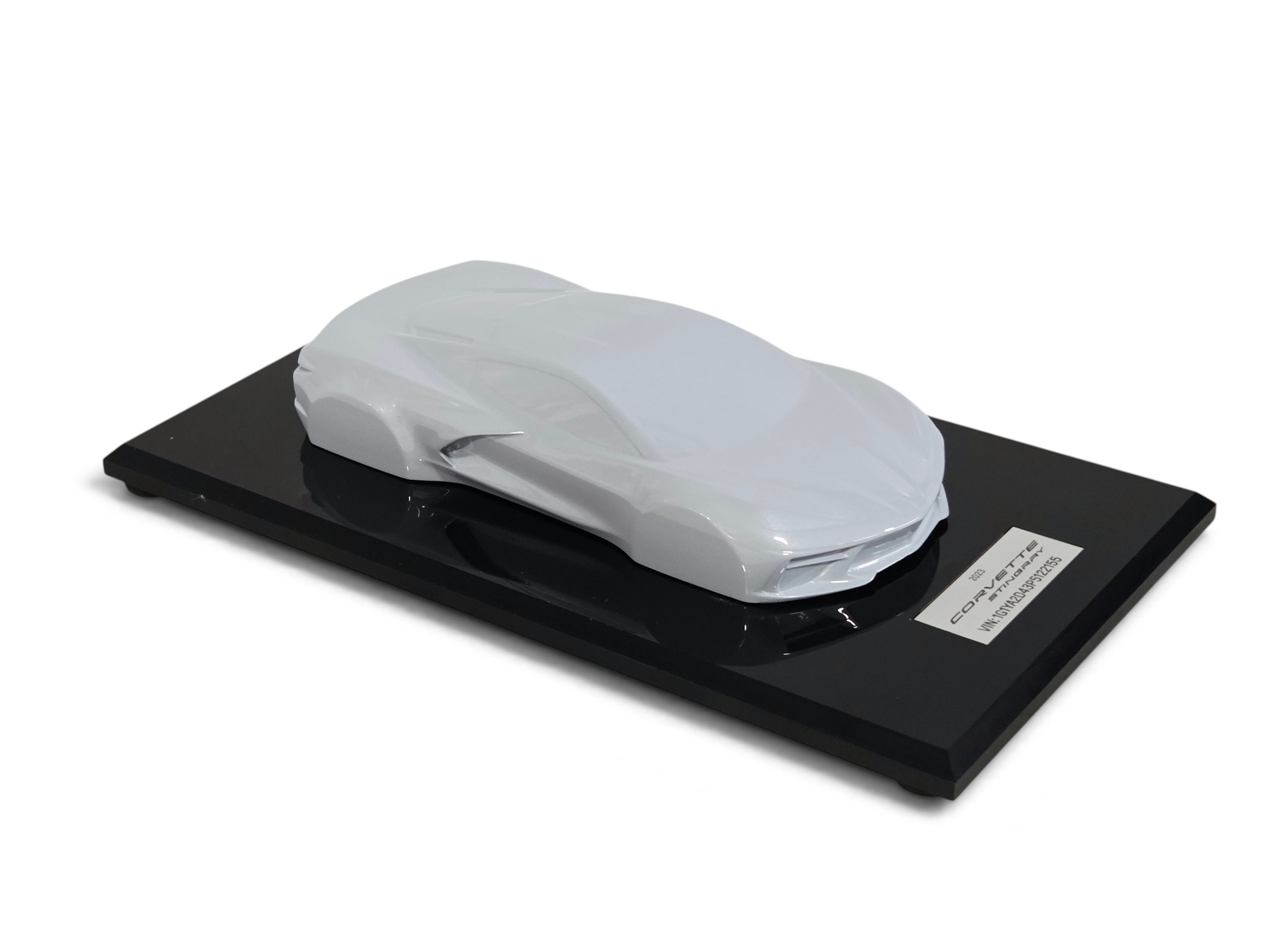 Send it Auto Parts 1:18 scale 2023 Corvette C8 speedshape model in ceramic matrix grey on a black display base