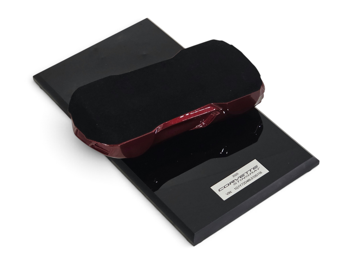 Send it Auto Parts 2020 Corvette C8 Stingray 1:18 scale speedshape model in Long Beach Red on a black display base
