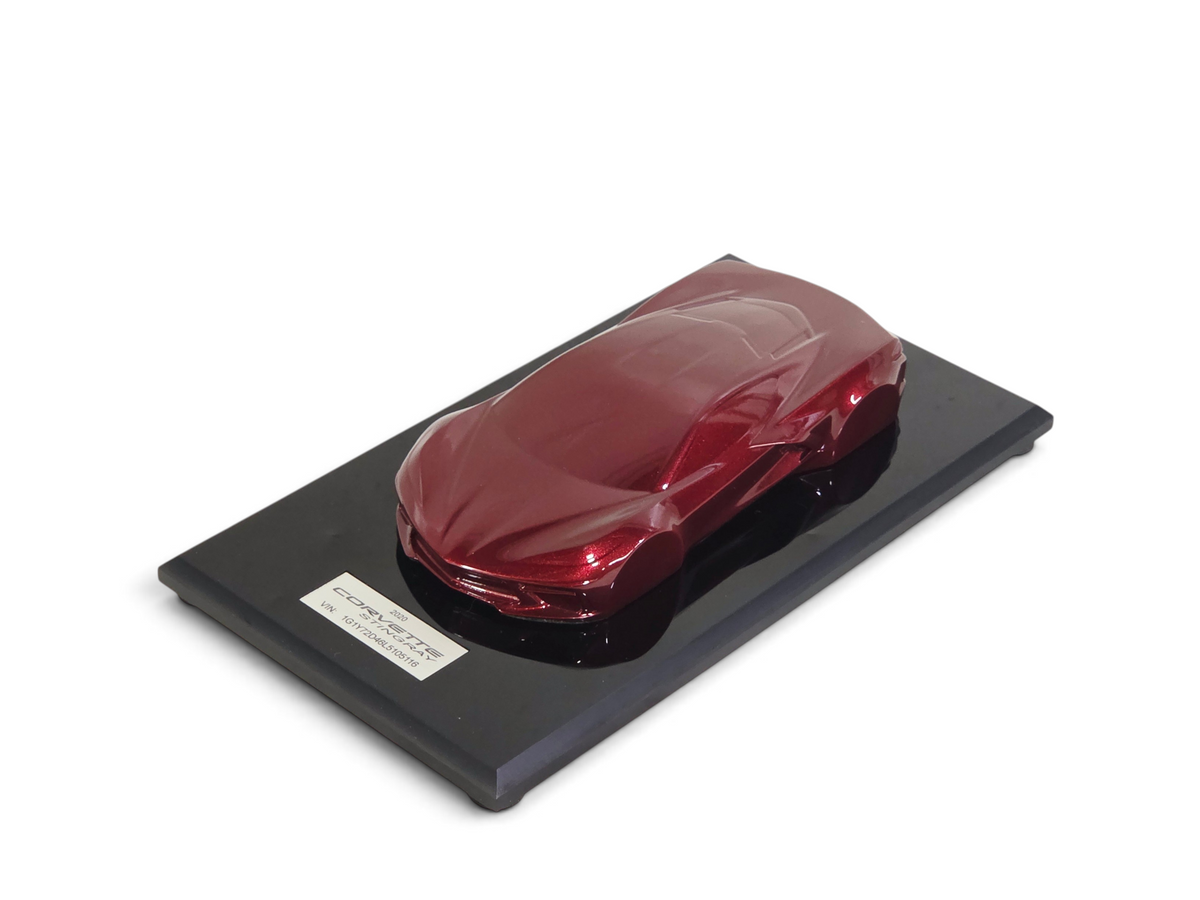 Send it Auto Parts 2020 Corvette C8 Stingray speedshape model in Long Beach Red on a black display base