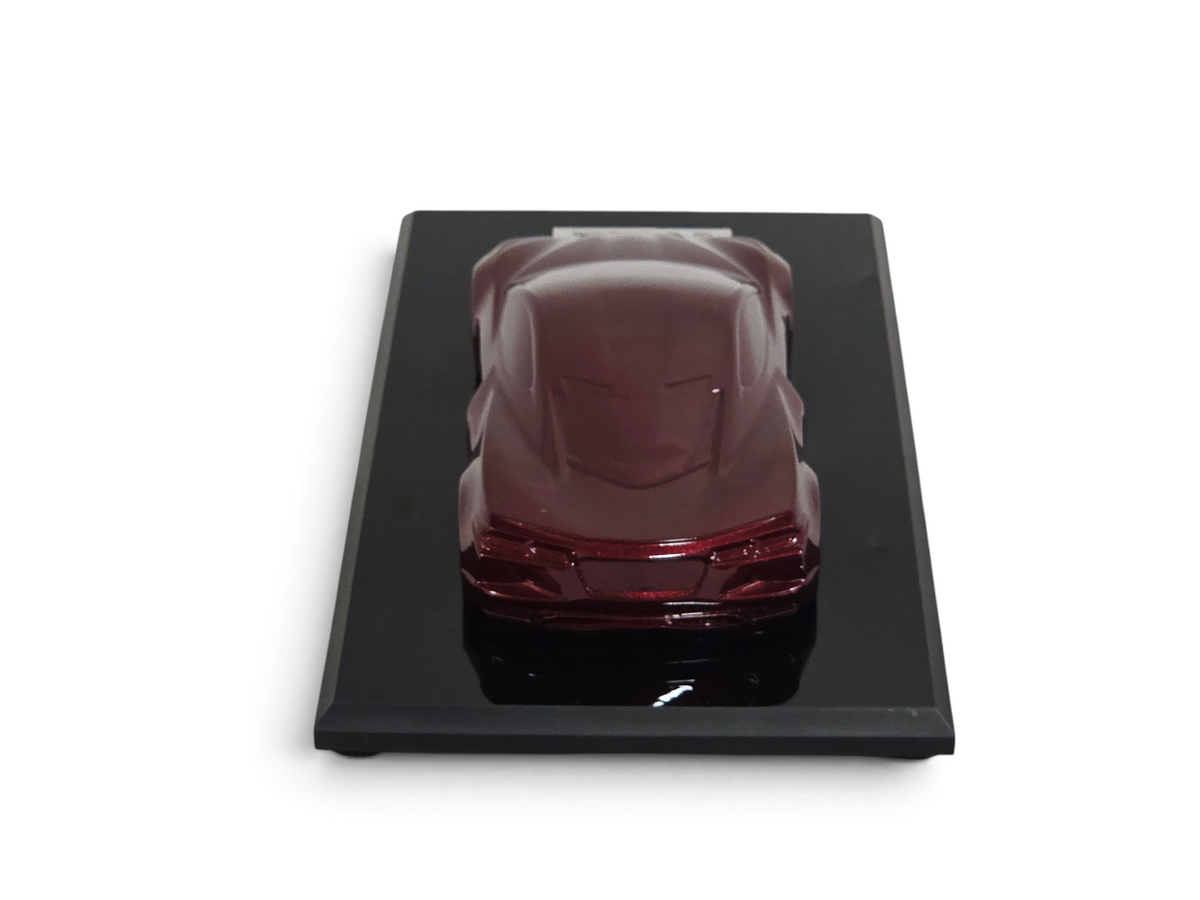 Send it Auto Parts 1:18 scale 2020 Corvette C8 Stingray speedshape model in Long Beach Red on a black display base.