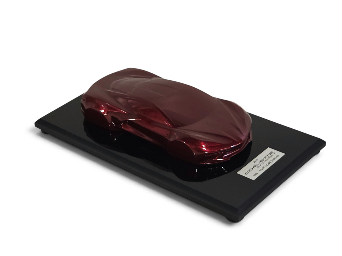 Send it Auto Parts 2020 Corvette C8 Stingray speedshape model in Long Beach Red on a black display base