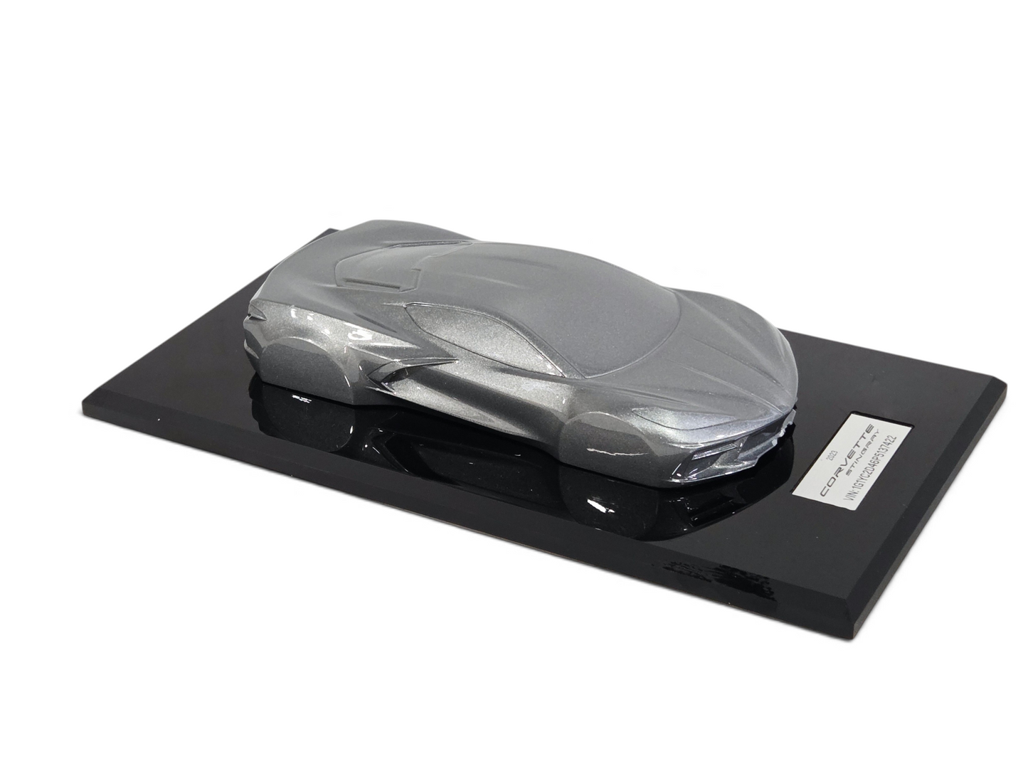 Send it Auto Parts 1:18 scale 2023 Corvette C8 speedshape model in Hypersonic Gray on a black display base