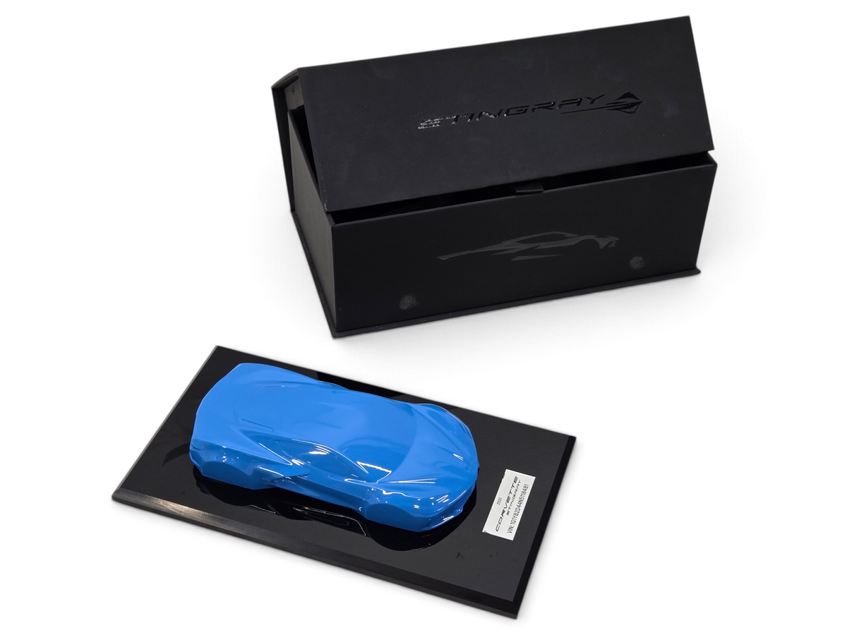Send it Auto Parts 1:18 scale 2022 Corvette C8 Stingray speedshape model in Rapid Blue on a black display base