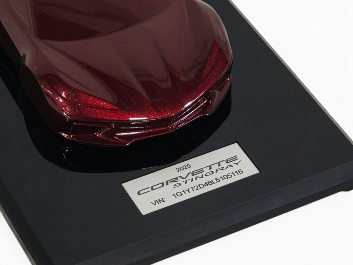 Send it Auto Parts 2020 Corvette C8 Stingray speedshape model in Long Beach Red on a black display base