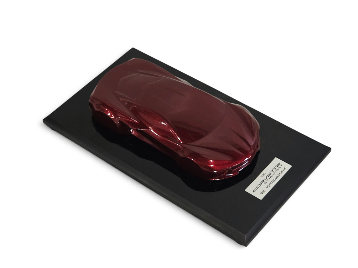 Send it Auto Parts 2020 Corvette C8 Stingray speedshape model in Long Beach Red on a black display base