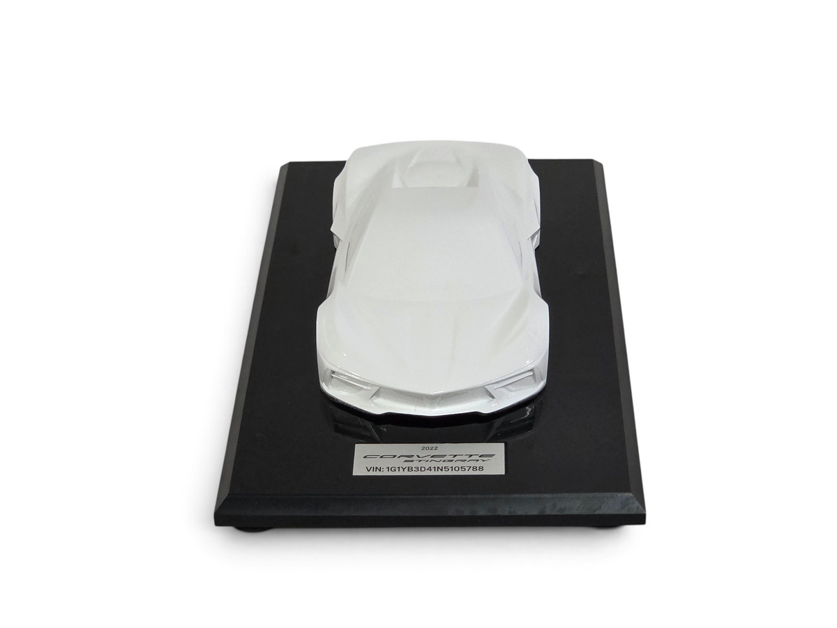 Send it Auto Parts 2022 Corvette C8 Stingray Arctic White 1:18 scale speedshape model on a black display base