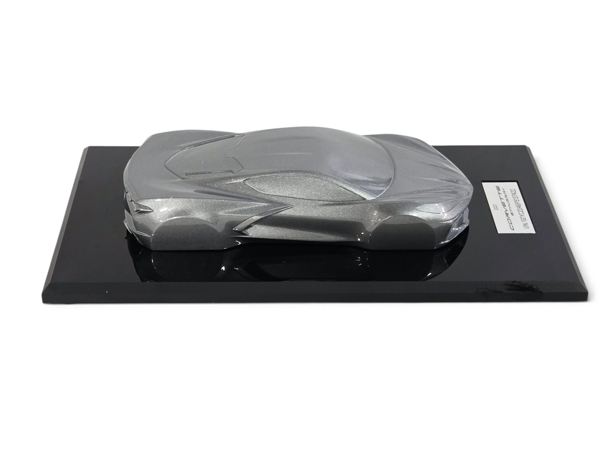 Send it Auto Parts 1:18 scale hypersonic gray Corvette C8 speedshape model on a black display base