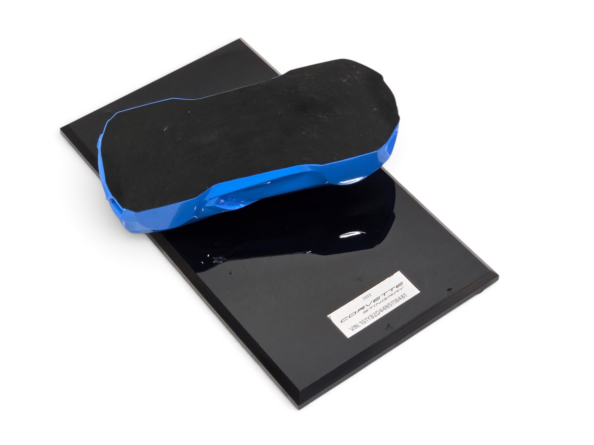 Send it Auto Parts 2022 Corvette C8 Stingray speedshape model in Rapid Blue on a black display base