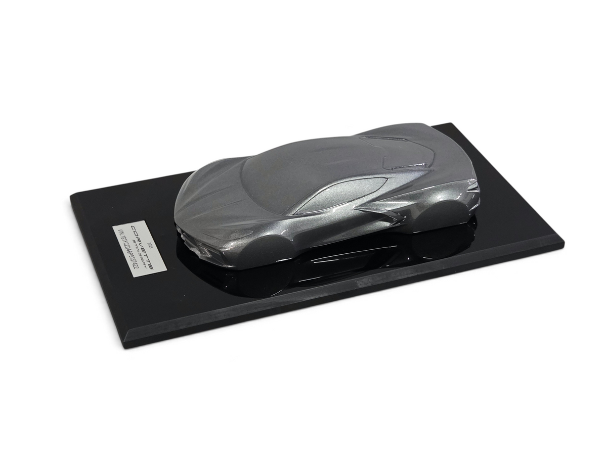 Send it Auto Parts 1:18 scale 2023 Corvette C8 speedshape model in Hypersonic Gray on a black display base