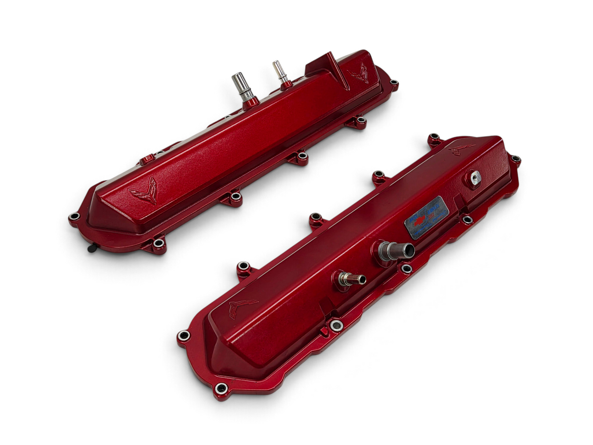 Send it Auto Parts OEM red valve covers for 2020-2026 Chevy Corvette C8 6.2L LT2 engine with Corvette emblem
