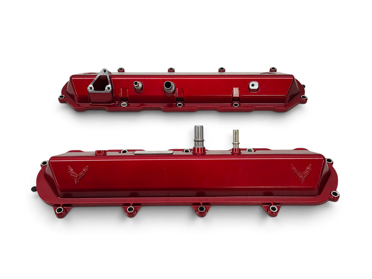 Send it Auto Parts OEM red valve covers for 2020-2026 Chevy Corvette C8 6.2L LT2 engine with Stingray emblems