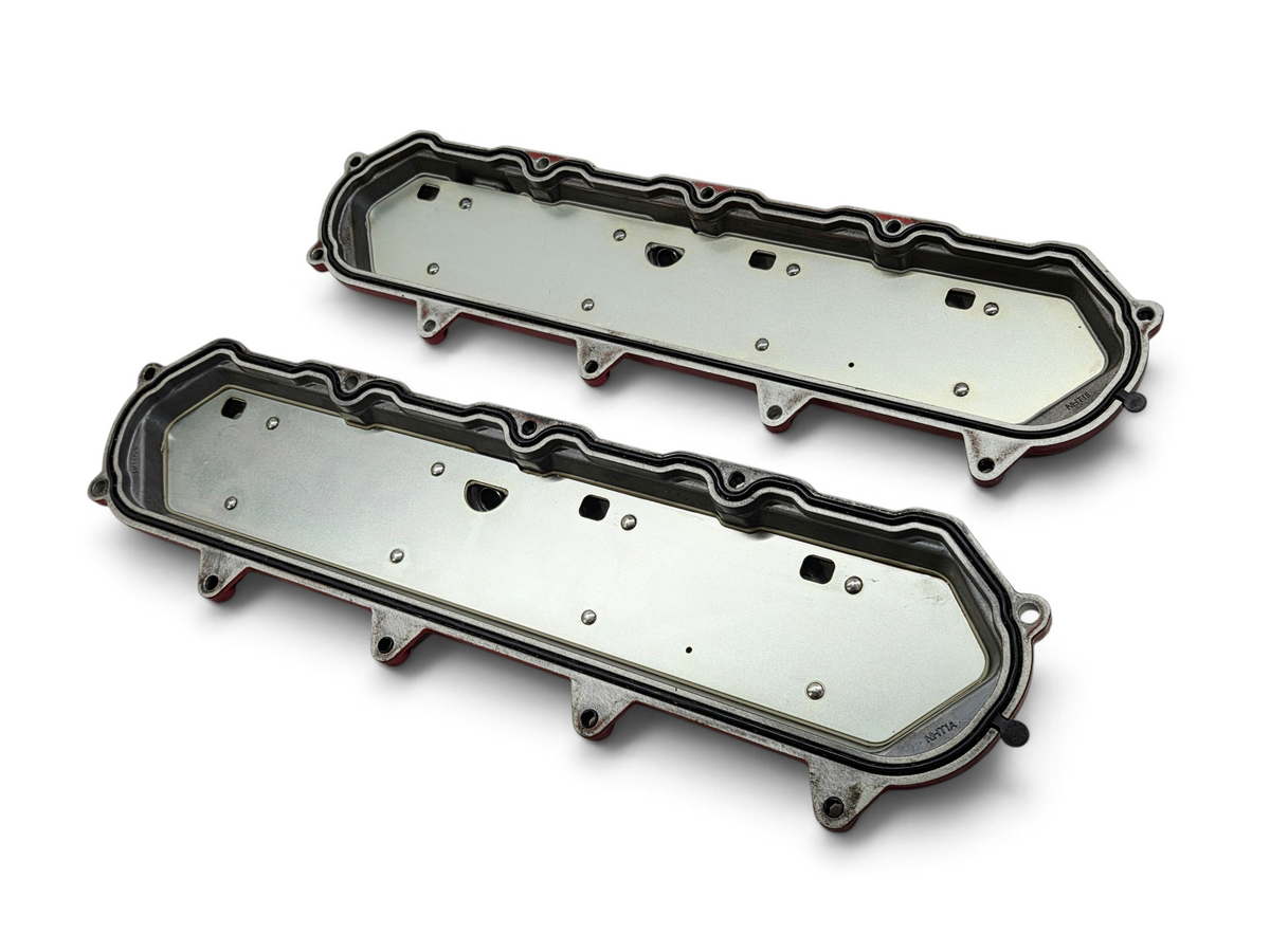 Send it Auto Parts OEM red valve covers for 2020-2026 Chevy Corvette C8 6.2L LT2 engine, showing underside view.