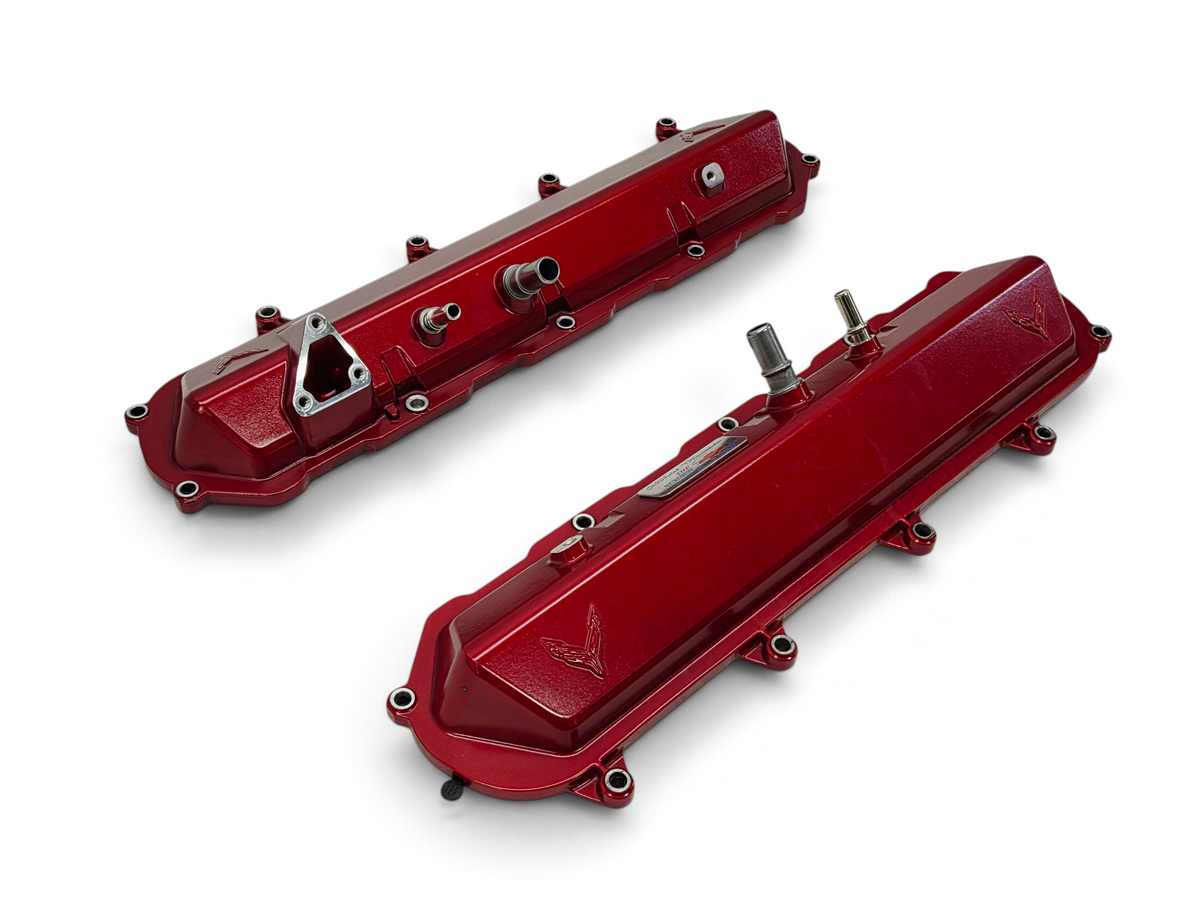 Send it Auto Parts OEM red valve covers for 2020-2026 Chevy Corvette C8 6.2L LT2 engine with embossed logos