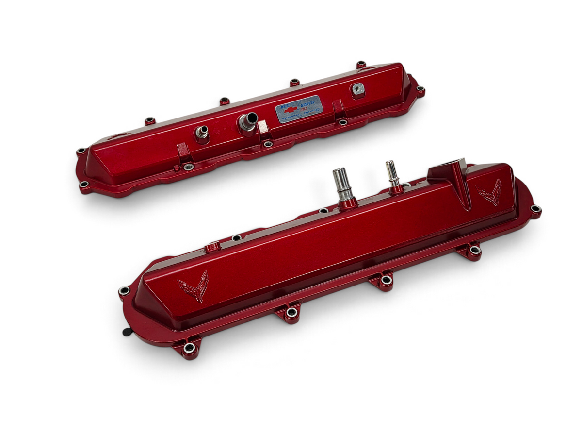 Send it Auto Parts red OEM valve covers for 2020-2026 Chevy Corvette C8 6.2L LT2 engine